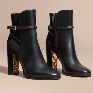BURBERRY Authentic Black Leather & Suede Boots with Gold Hardware Detail